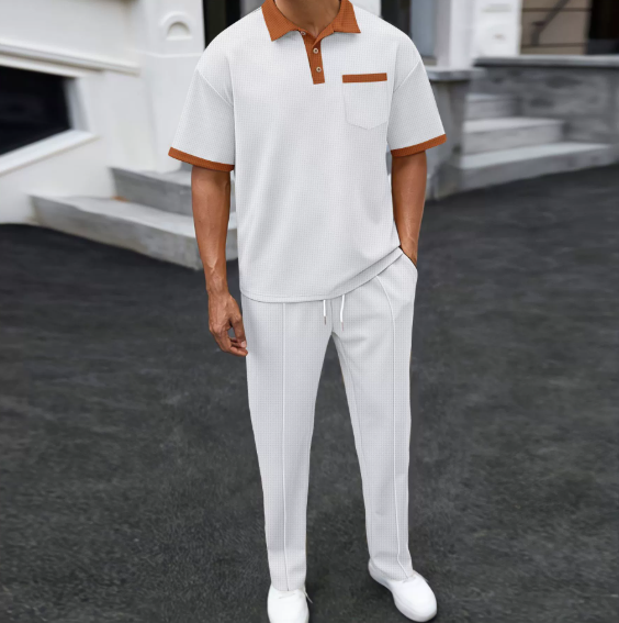 2025 New Men's Waffle Tracksuits Fashion Lapel Color Blocking Short Sleeve Polo Shirs + Pants 2 piece Sets Male Casual Streetwear