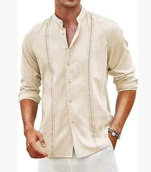 New style for men, fashionable casual shirt in Cuban style, button placket, summer beach resort shirt in cotton linen with stand-up collar