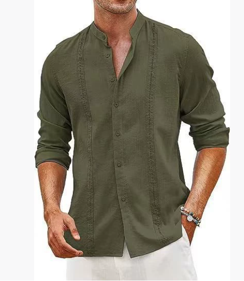 New style for men, fashionable casual shirt in Cuban style, button placket, summer beach resort shirt in cotton linen with stand-up collar