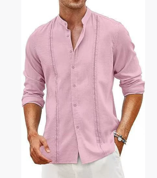 New style for men, fashionable casual shirt in Cuban style, button placket, summer beach resort shirt in cotton linen with stand-up collar