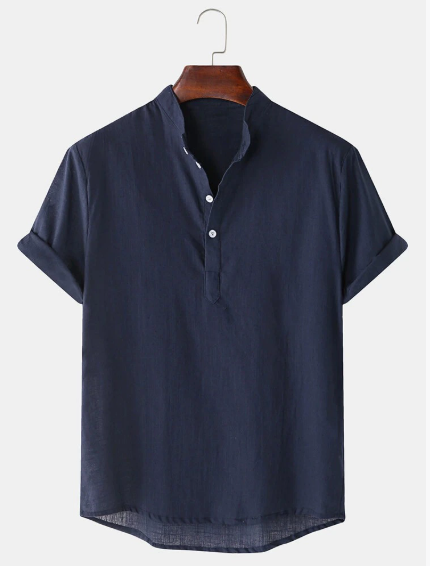 High quality cotton linen men summer comfortable shirt single colour simple casual short sleeve casual blouse Hawaii half button up