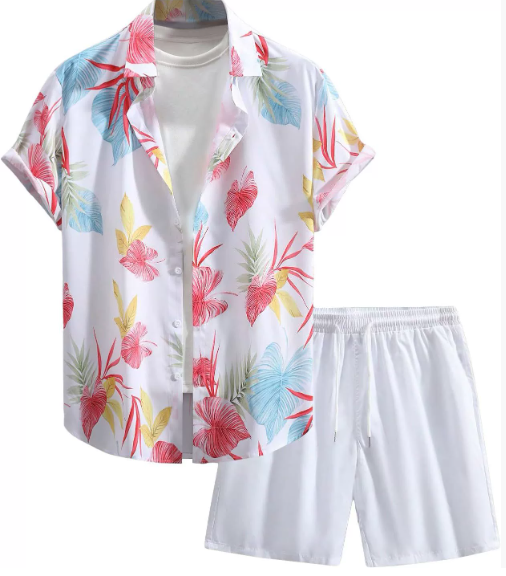 Hawaiian men's shirt with coconut tree print, summer short sleeve tops, beach shorts, 2-piece set, casual holiday style, outfit clothing
