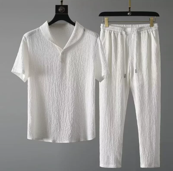 Summer ultra thin sleeveless ice silk linen suit mens cotton linen set oversized loose-fit mid-sleeve t-shirt sportswear