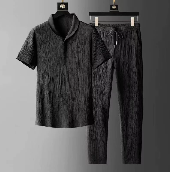 Summer ultra thin sleeveless ice silk linen suit mens cotton linen set oversized loose-fit mid-sleeve t-shirt sportswear