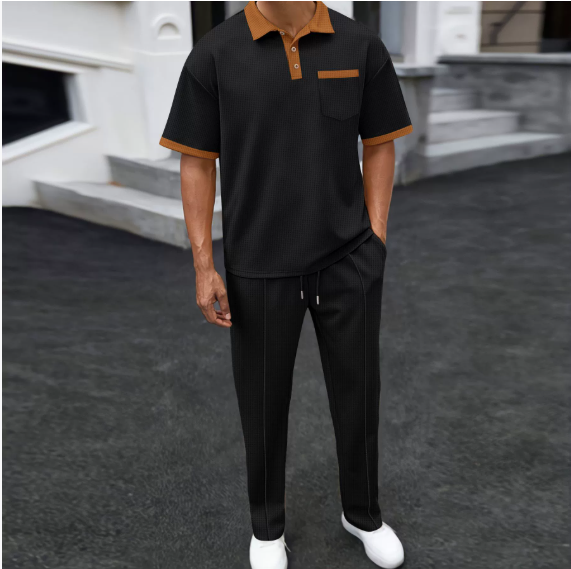 2025 New Men's Waffle Tracksuits Fashion Lapel Color Blocking Short Sleeve Polo Shirs + Pants 2 piece Sets Male Casual Streetwear
