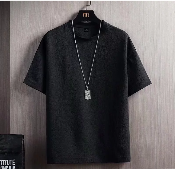 Ice silk short-sleeved T-shirt men's summer new style half-sleeved T-shirt cotton and linen solid color loose bottoming shirt white five-point sleeves