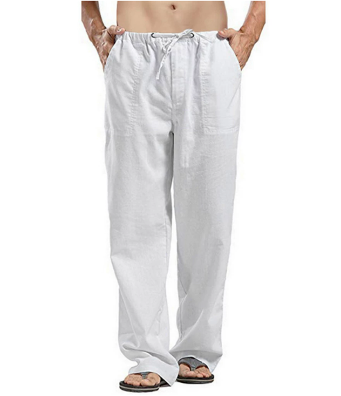 Men Cotton Linen Trousers Summer Solid Colour Breathable Linen Trousers Men Casual Elastic Waist Fitness Trousers