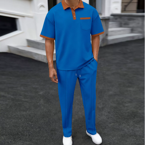 2025 New Men's Waffle Tracksuits Fashion Lapel Color Blocking Short Sleeve Polo Shirs + Pants 2 piece Sets Male Casual Streetwear