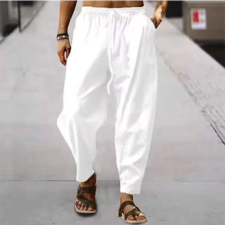 Cotton Linen Harem Pants Men Solid Elastic Waist Streetwear Joggers 2025, New Baggy Drop-crotch Trousers Casual Hip hop Pants men