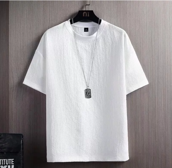Ice silk short-sleeved T-shirt men's summer new style half-sleeved T-shirt cotton and linen solid color loose bottoming shirt white five-point sleeves