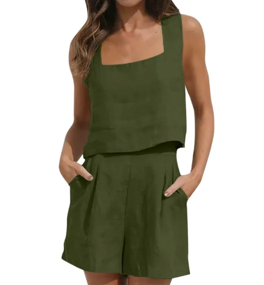 Sleeveless top set for women, fashionable, square collar, short tops, shorts, two-piece sets for women, casual, sports, women's clothing, summer