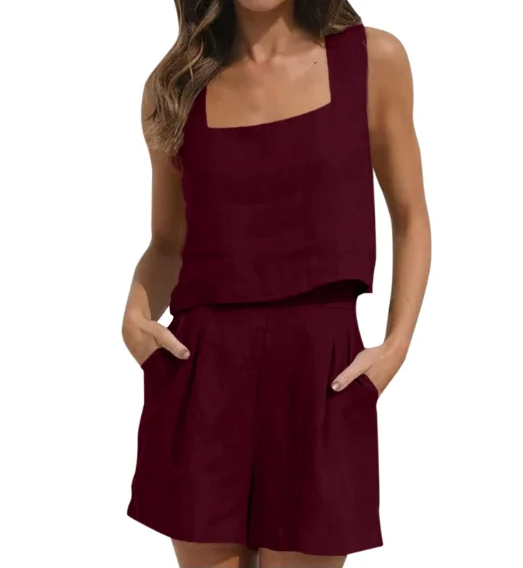 Sleeveless top set for women, fashionable, square collar, short tops, shorts, two-piece sets for women, casual, sports, women's clothing, summer