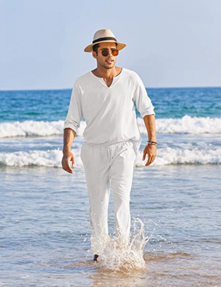 Men's summer cotton linen clothing solid color long sleeve Henley shirt elastic waist drawstring pants 2 piece lounge wear set