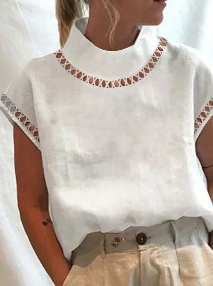 Women Casual O Neck Cotton Linen Blouses Spring Hollow Out Splicing Office Top Summer Short Sleeve Loose Vintage Clothing Shirts