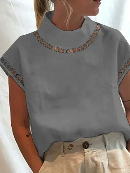 Women Casual O Neck Cotton Linen Blouses Spring Hollow Out Splicing Office Top Summer Short Sleeve Loose Vintage Clothing Shirts