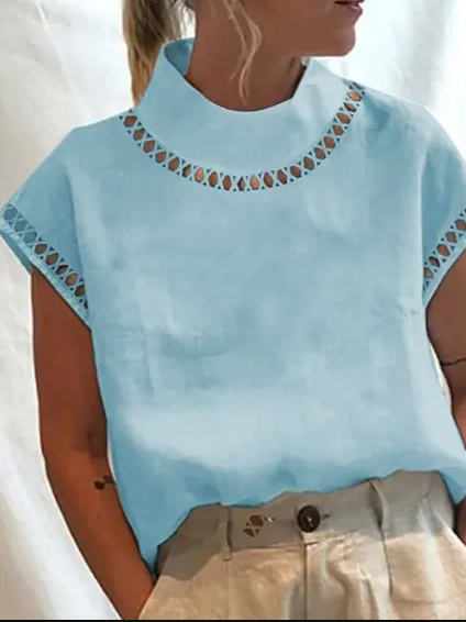 Women Casual O Neck Cotton Linen Blouses Spring Hollow Out Splicing Office Top Summer Short Sleeve Loose Vintage Clothing Shirts