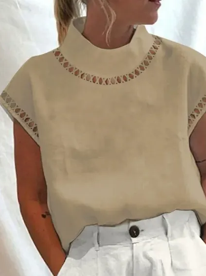 Women Casual O Neck Cotton Linen Blouses Spring Hollow Out Splicing Office Top Summer Short Sleeve Loose Vintage Clothing Shirts