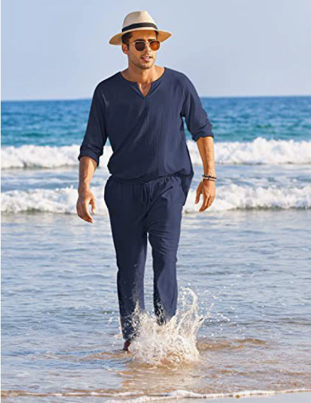 Men's summer cotton linen clothing solid color long sleeve Henley shirt elastic waist drawstring pants 2 piece lounge wear set