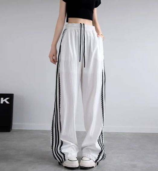 Lace Striped Sports Trousers Women Summer High Waist Loose Wide Leg Straight Casual Quick Drying Black Wide Leg Trousers