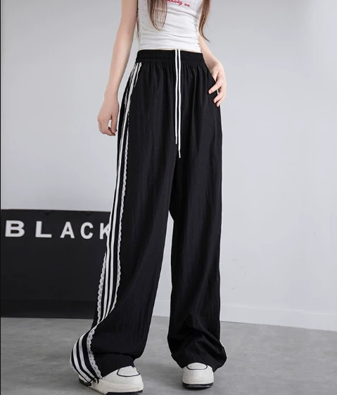 Lace Striped Sports Trousers Women Summer High Waist Loose Wide Leg Straight Casual Quick Drying Black Wide Leg Trousers