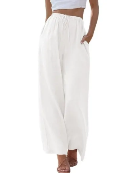 Women's summer trousers with wide leg, loose beach trousers with pockets, linen material, long trousers, female customers love them