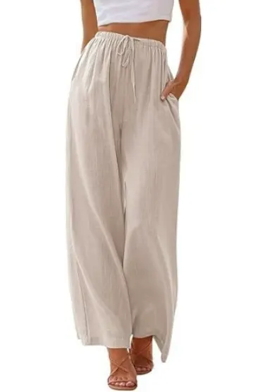 Women's summer trousers with wide leg, loose beach trousers with pockets, linen material, long trousers, female customers love them