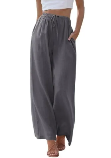 Women's summer trousers with wide leg, loose beach trousers with pockets, linen material, long trousers, female customers love them