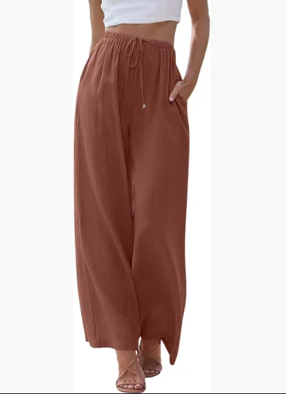 Women's summer trousers with wide leg, loose beach trousers with pockets, linen material, long trousers, female customers love them