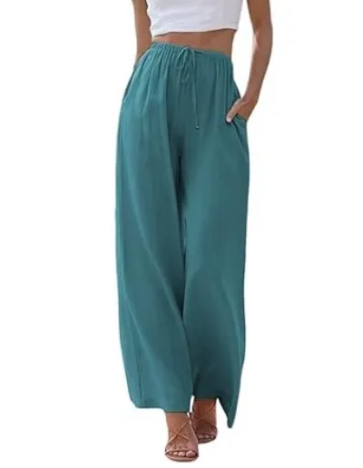 Women's summer trousers with wide leg, loose beach trousers with pockets, linen material, long trousers, female customers love them