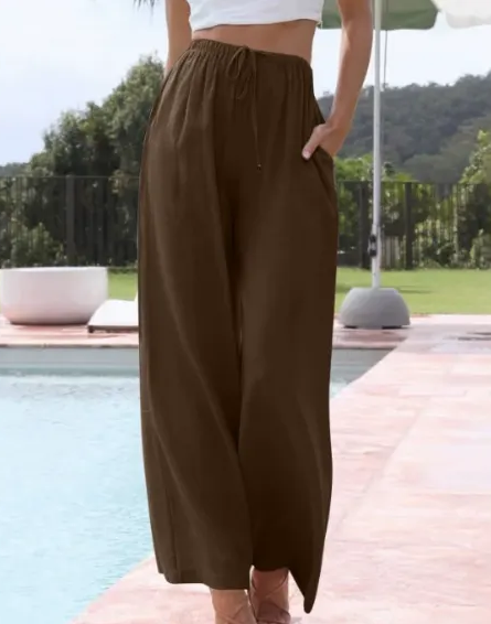 Women's summer trousers with wide leg, loose beach trousers with pockets, linen material, long trousers, female customers love them