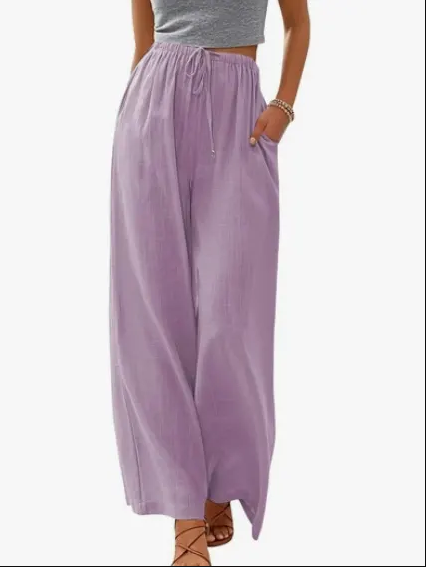 Women's summer trousers with wide leg, loose beach trousers with pockets, linen material, long trousers, female customers love them