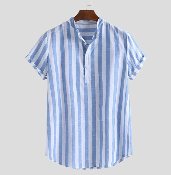 2022 Stand Up Collar Casual Shirt Short Sleeve Men Shirt Buttons Bottom Summer Breathable Striped Print Hawaiian Shirt Streetwear