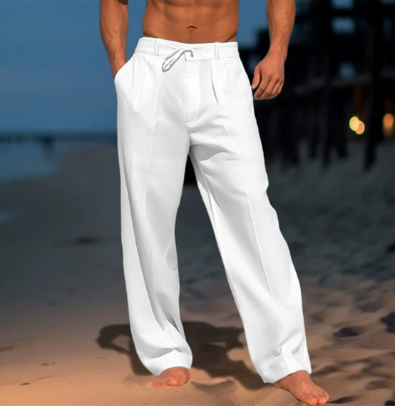 Men Summer Solid Cotton Linen Beach Trousers Fashion Loose Breathable Casual Straight Trousers Simple Basic Drawstring Trousers Male