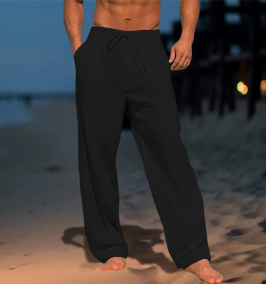 Men Summer Solid Cotton Linen Beach Trousers Fashion Loose Breathable Casual Straight Trousers Simple Basic Drawstring Trousers Male