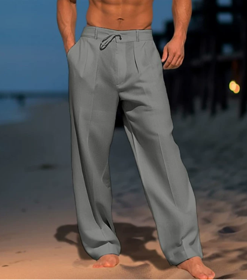 Men Summer Solid Cotton Linen Beach Trousers Fashion Loose Breathable Casual Straight Trousers Simple Basic Drawstring Trousers Male