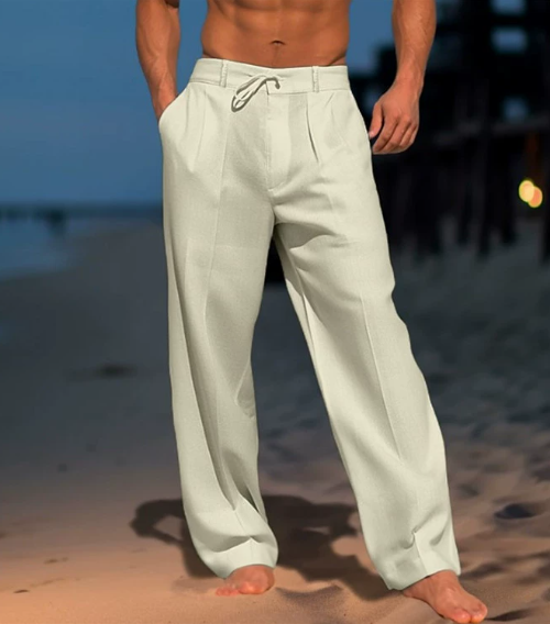 Men Summer Solid Cotton Linen Beach Trousers Fashion Loose Breathable Casual Straight Trousers Simple Basic Drawstring Trousers Male