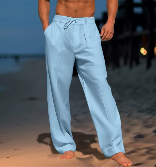 Men Summer Solid Cotton Linen Beach Trousers Fashion Loose Breathable Casual Straight Trousers Simple Basic Drawstring Trousers Male