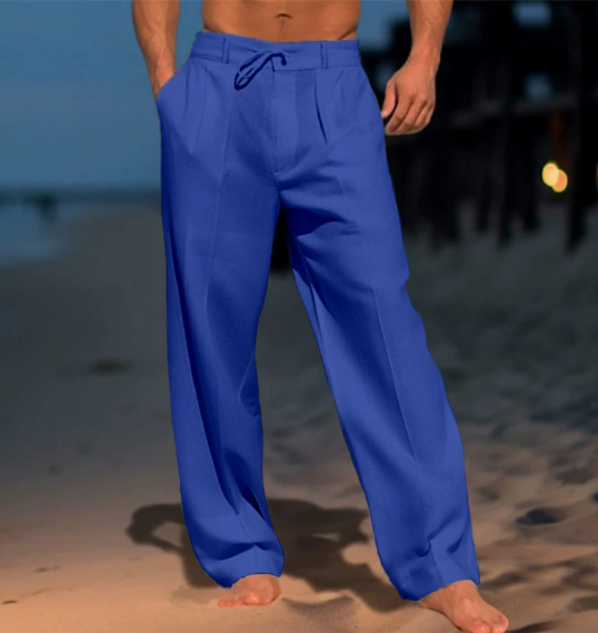 Men Summer Solid Cotton Linen Beach Trousers Fashion Loose Breathable Casual Straight Trousers Simple Basic Drawstring Trousers Male