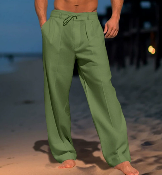 Men Summer Solid Cotton Linen Beach Trousers Fashion Loose Breathable Casual Straight Trousers Simple Basic Drawstring Trousers Male
