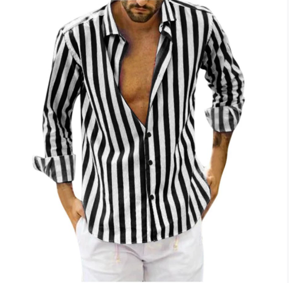 New men's shirt, striped, long-sleeved, lapel, loose top, fashionable, black, blue, street basic blouses for men
