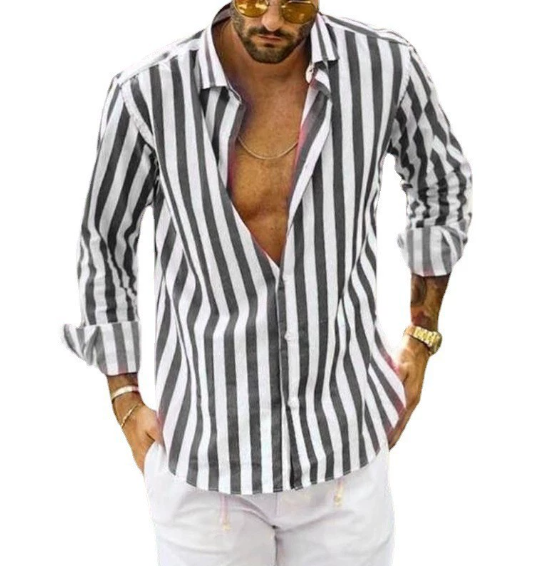 New men's shirt, striped, long-sleeved, lapel, loose top, fashionable, black, blue, street basic blouses for men
