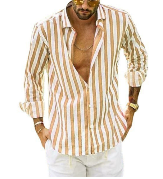New men's shirt, striped, long-sleeved, lapel, loose top, fashionable, black, blue, street basic blouses for men