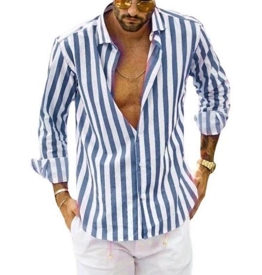 New men's shirt, striped, long-sleeved, lapel, loose top, fashionable, black, blue, street basic blouses for men