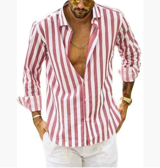 New men's shirt, striped, long-sleeved, lapel, loose top, fashionable, black, blue, street basic blouses for men