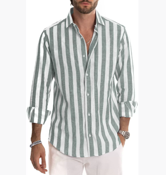 New men's shirt, striped, long-sleeved, lapel, loose top, fashionable, black, blue, street basic blouses for men