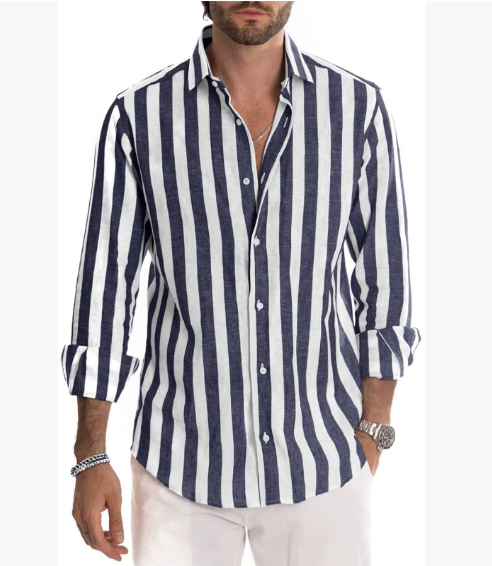 New men's shirt, striped, long-sleeved, lapel, loose top, fashionable, black, blue, street basic blouses for men