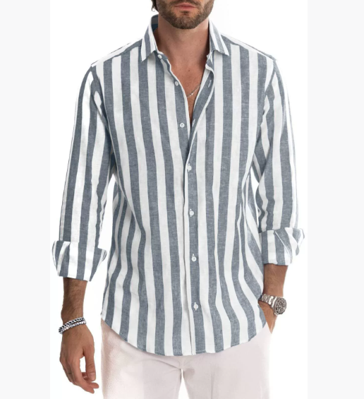 New men's shirt, striped, long-sleeved, lapel, loose top, fashionable, black, blue, street basic blouses for men