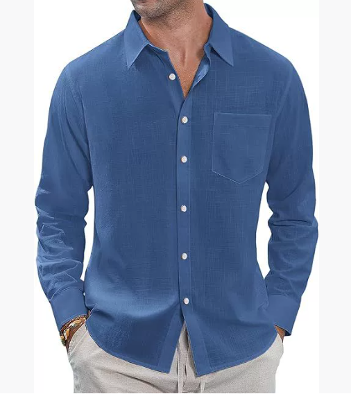 Solid Colour Long Sleeve Button Down Men's Cotton Shirt