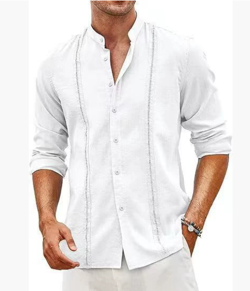 New style for men, fashionable casual shirt in Cuban style, button placket, summer beach resort shirt in cotton linen with stand-up collar