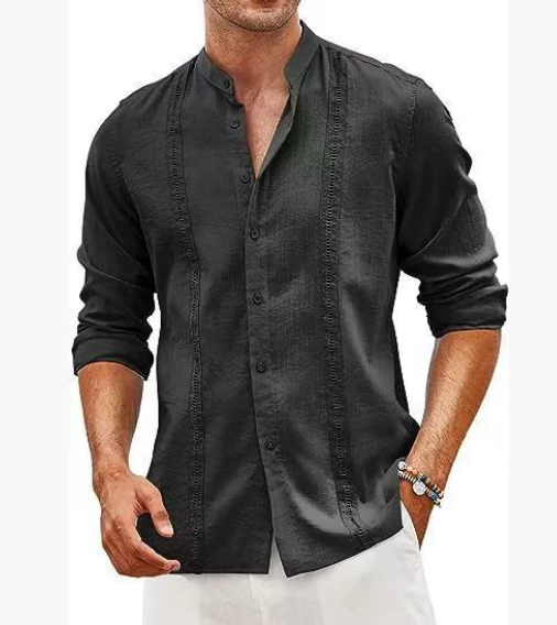 New style for men, fashionable casual shirt in Cuban style, button placket, summer beach resort shirt in cotton linen with stand-up collar